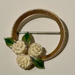 Vintage Gold Brooch with Cream Roses and Green Leaves
